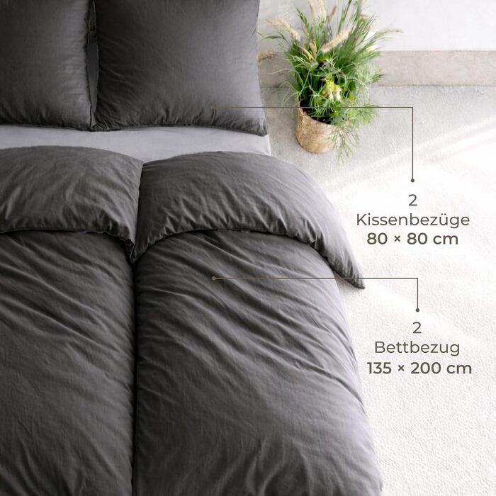 Комплект постільної білизни Dreamzie з біо-бавовни, 4 предмети (135x200 см + 2 наволочки 80x80 см), антрацитовий