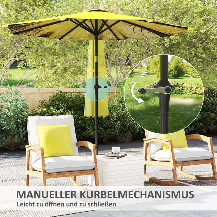 Outsunny Parasol Ø300 см, Парасолька з ручною рукояткою, візерунок, восьмикутний балкон Парасолька Пляжна парасолька Вітрозахисна стайня Ринкова парасолька Парасолька Сонцезахисний козирок для пляжу Балкон Патіо Сад, жовтий