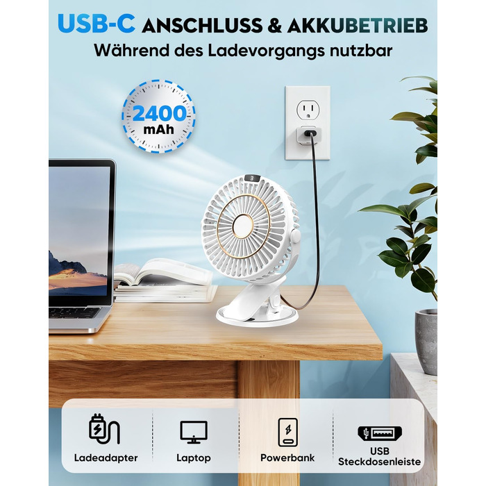Портативний USB вентилятор COZII Mini з LED-дисплеєм, 5 швидкостей, 720° поворот. Для дому, офісу, дитячого візочка. Білий
