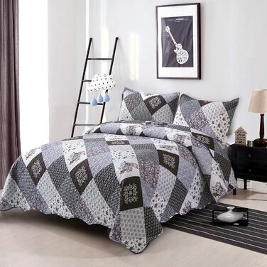 Покривало WONGS BEDDING 220x240 см, стьобане, мікрофібра, патчворк, з 2 наволочками 48x75 см, квітковий візерунок, чорний/сірий