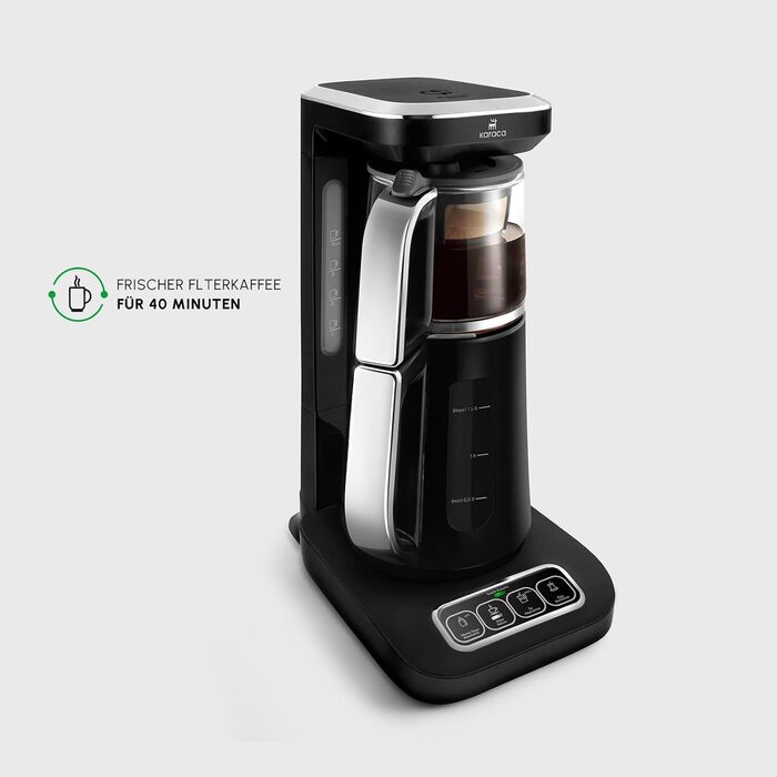 Чайоварка-робот Karaca Çaysever Pro 4-в-1: чайник, кавоварка, фільтр-кавоварка, 2500W, чорний & хром, з індикатором свіжості та голосовими підказками (великий, хром)
