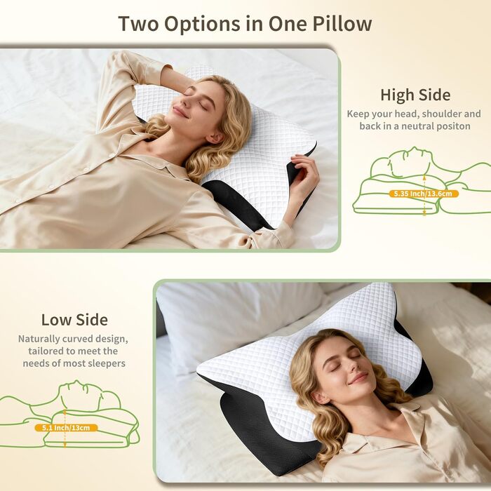 Ортопедична подушка для шиї з Memory Foam, ергономічна для сну на боці, спині та животі, 61.7x37x13/13.6 см, чорна
