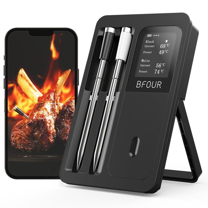 Бездротовий термометр для м'яса BFOUR з 2 зондами, Bluetooth, LCD-дисплей, керування через APP, цифровий термометр для приготування на грилі, в духовці, мангалі, BF-40 PRO, чорний