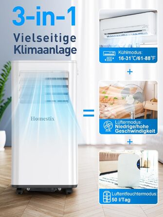 Мобільний кондиціонер 9000 BTU 4-в-1: охолодження, осушення, вентиляція, таймер на 24 год, білий