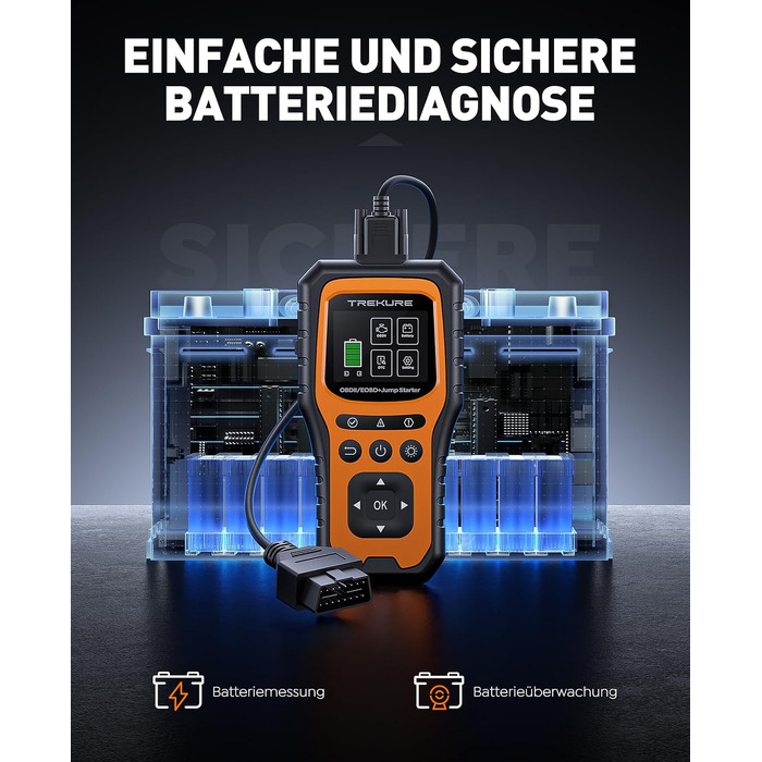 Бустер для авто TREKURE 7000A: Пусковий пристрій 12V з тестером акумулятора та OBD2 діагностикою для бензинових та дизельних двигунів до 10.0L, з LED-ліхтарем