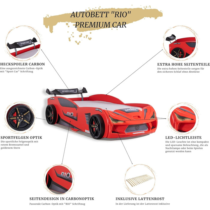 Дитяче автоліжко Aileenstore Rio 90x200, червоне, з LED-підсвіткою та спойлером, без матраца, без спортивних сидінь