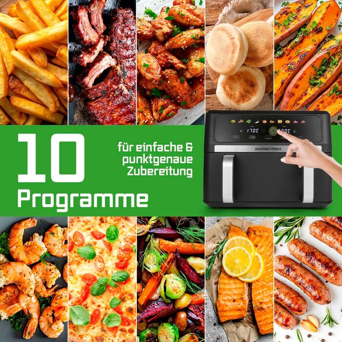 Аерофритюрниця GOURMETmaxx AirGenius 10Л з двома камерами (2x5Л), сенсорним керуванням та 10 програмами приготування, для 8 осіб