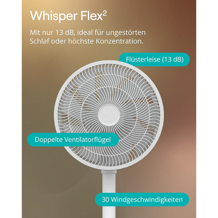 Duux Whisper Flex 2 Smart Вентилятор: тихий (13 дБ), нічний режим, таймер, регульована висота (54-92 см), енергоефективний, з Wi-Fi та пультом (білий, з акумулятором)