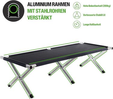 Розкладне ліжко Kronenburg XXL 210x72x45 см, посилене сталеве, до 200 кг, чорне, для кемпінгу