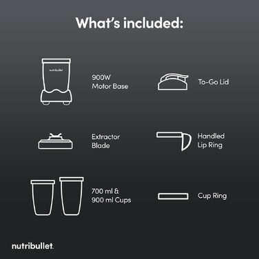 Потужний блендер-екстрактор Nutribullet 900 Series (матовий сірий) для смузі та соків, 25 000 об/хв, набір 11 предметів з чашами To Go