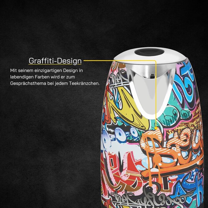 Електрочайник GUTFELS WATER 3010 G 1,7 л, 2200 Вт, захист від перегріву, підсвічування, стиль графіті