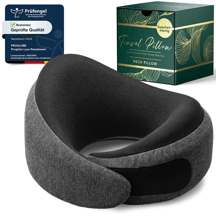 Подорожній нашийник Proglobe Luxe з ефектом пам'яті (Memory Foam), колір антрацит — ергономічна подушка під шию з підтримкою підборіддя та сумкою для зберігання