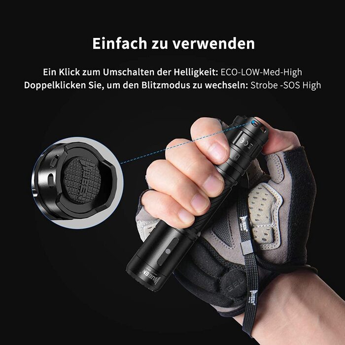 Ліхтарик WUBEN C3 LED, надяскравий, USB-C, 1200 люмен, IP68, 6 режимів, тактичний, компактний, водонепроникний, для кемпінгу, туризму, надзвичайних ситуацій, чорний