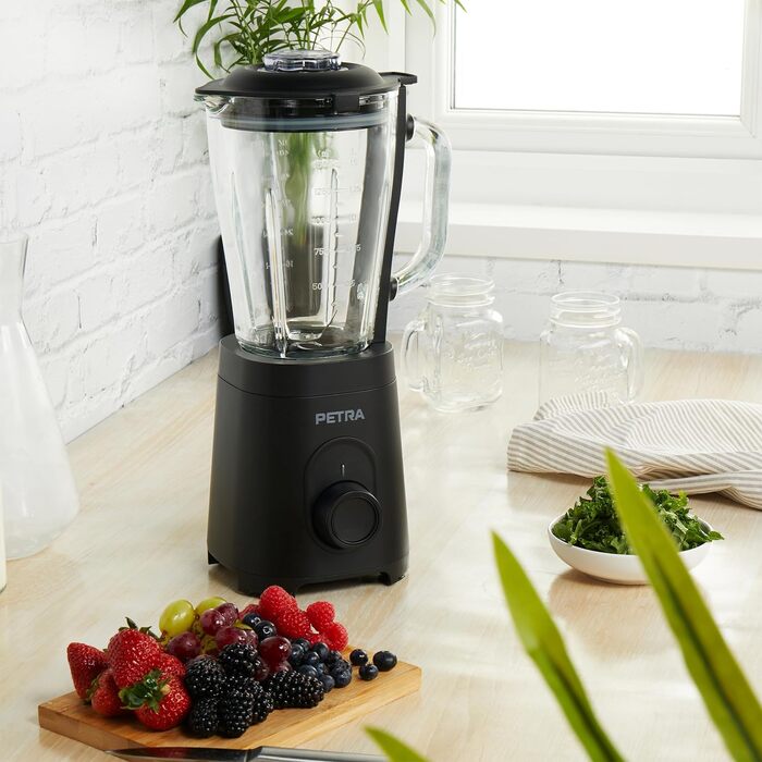 Скляний стаціонарний блендер Petra PT5531MBLKVDE, 1.5 л, BPA Free, 600 Вт, імпульсний режим, 2 швидкості, нержавіюча сталь, безпечна кришка, мірна шкала, для смузі