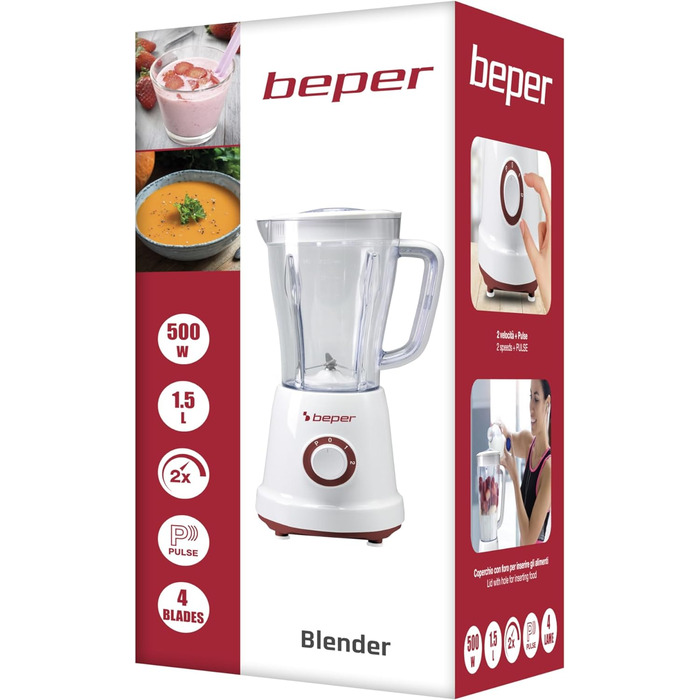Стаціонарний блендер BEPER P102FRU500, 1,5 л, 500 Вт, 4 знімні леза з нержавіючої сталі, 2 швидкості та імпульсний режим, кришка з отвором, нековзка основа, червоний
