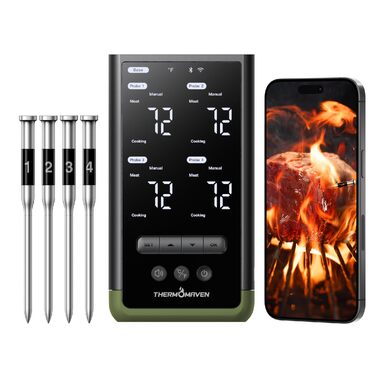 Розумний бездротовий термометр для м'яса ThermoMaven з базою, Bluetooth та Wi-Fi, 4 щупи, 6 сенсорів, NIST-сертифікований, для смокера, духовки та BBQ, колір: avocadogrün