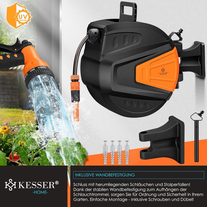 KESSER® Автоматична карусель для шланга 15 м + 2 м, настінна коробка для шланга з автозмотуванням, роликовий механізм для садового шланга, поворотна на 180°, набір з багатофункціональною лійкою з 9 режимами, 2 насадки, помаранчевий