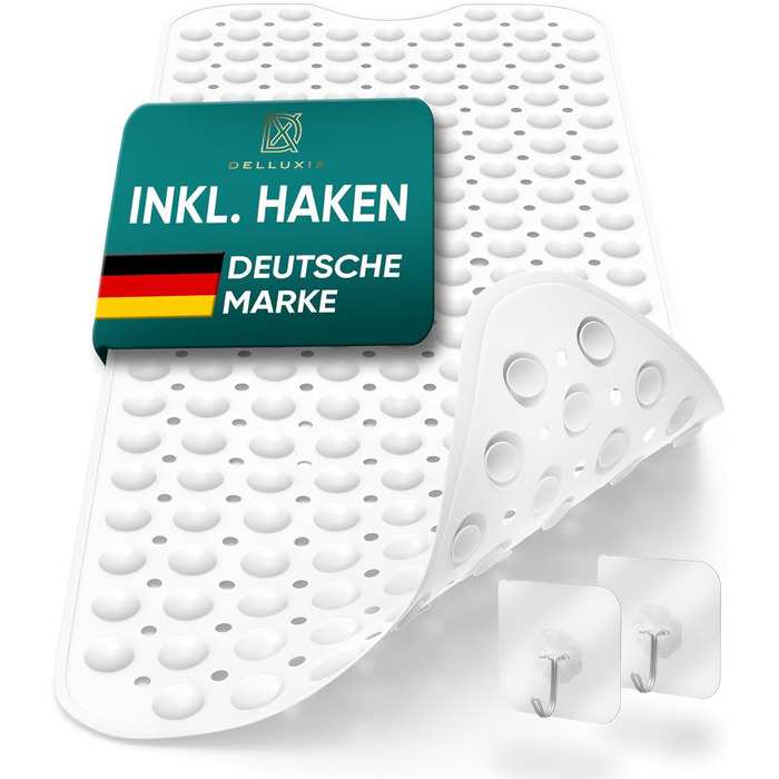 Протиковзкий килимок для ванни Delluxia 100×40 см, білий, BPA Free, з 2 гачками