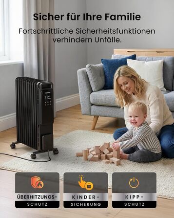 Розумний електричний масляний радіатор Pro Breeze 2500W, 11 секцій, з керуванням через Wi-Fi (Smart App), таймером на 24г, термостатом та сенсорним дисплеєм, чорний
