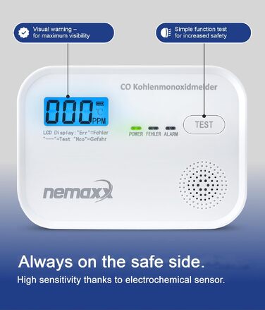 Детектор чадного газу NEMAXX® CM18 з LCD-дисплеєм, електрохімічний сенсор, 85 дБ, стандарт EN 50291-1:2018, термін служби 10 років