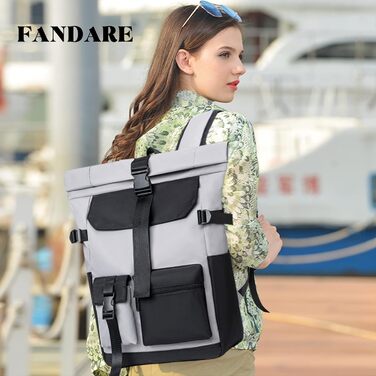 Рюкзак FANDARE Rolltop ультралегкий для ноутбука 15.6'' ручна поклажа, шкільний, діловий, для подорожей, чоловічий/жіночий, світло-сірий