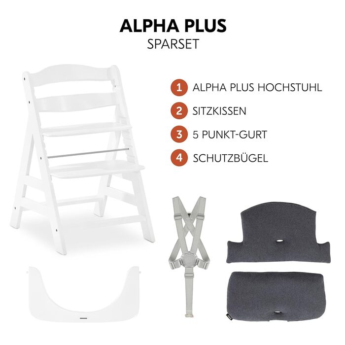 Дитячий стільчик Hauck Alpha+ - дерев'яний, регульована висота, з подушкою, захисний бампер та ремінь безпеки, від 6 місяців (колір подушки: Jersey Charcoal, White)