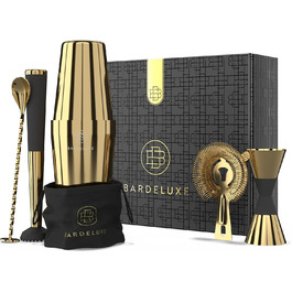 BarDeluxe Бостонський набір бармена 5 в 1, коктейльний мікс-набір з шейкером 750 мл, нержавіюча сталь, аксесуари для коктейлів, подарунковий набір з сумкою та рецептурником (золотий)