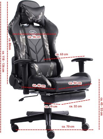 Ігрове крісло Gaming Chair з підніжкою, ергономічними 4D-підлокітниками та регульованою підтримкою спини, офісне крісло для геймерів (Чорний/Мілітарі-сірий)
