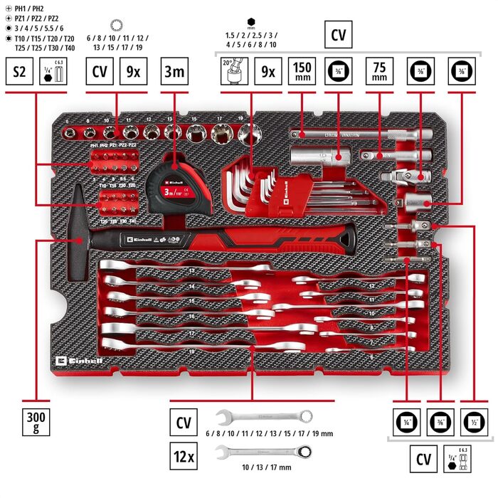 Einhell E-CASE 80: Набір інструментів в кейсі (80 предметів) для дому, майстерні, в дорозі - міцний пластиковий кейс