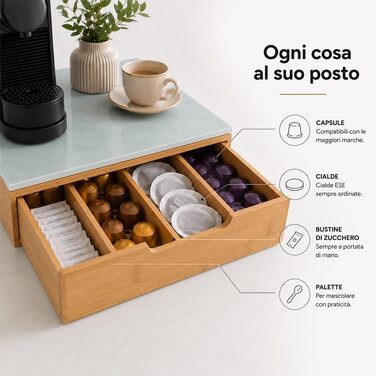 Тримач для кавових капсул BAKAJI з шухлядою з бамбукового дерева для Nespresso, Dolce Gusto, Modomio, Lavazza, чайних пакетів та цукру, білий (31,5 x 30 x 10 см)