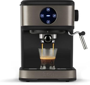 Еспресо-машина BLACK+DECKER BXCO850E, 20 бар, 1,5 л, автоматична, з паровою насадкою, антиплямова нержавіюча сталь, 850 Вт, Extra-Sahne, програмоване приготування
