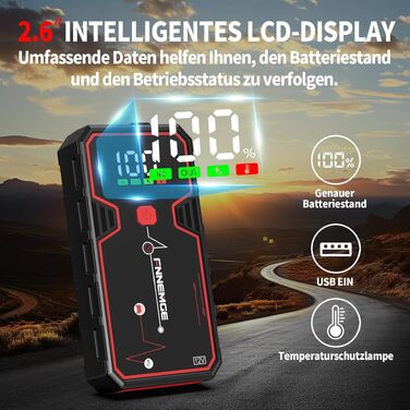Бустер автозапуску FNNEMGE 9000A 26800mAh для бензинових та дизельних двигунів до 10.0L, пусковий пристрій Powerbank 12V з Quick Charge 3.0 та LED-ліхтарем