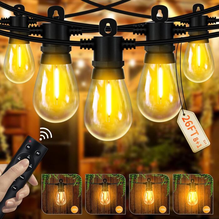LED гірлянда для зовнішнього використання 30м з пультом, S14, 100FT, IP65, 30+2 лампочки, для саду, тераси, балкону, двору, тепле біле світло (2700k, 7.8 м)