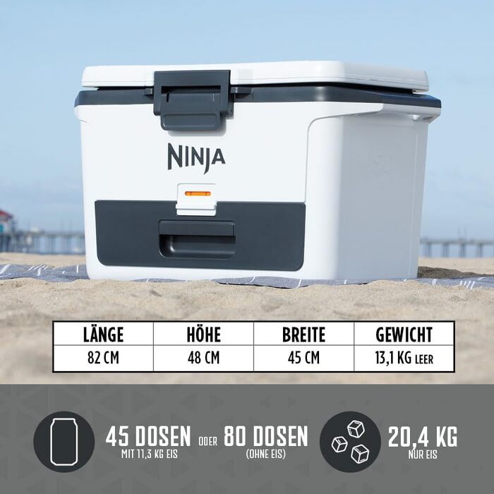 Преміум термобокс Ninja FrostVault 47 л, ізольована холодильна сумка, зберігає лід до 6 днів, інтегрована суха шухляда, для 80 банок, хмарно-білий FB151EUWH