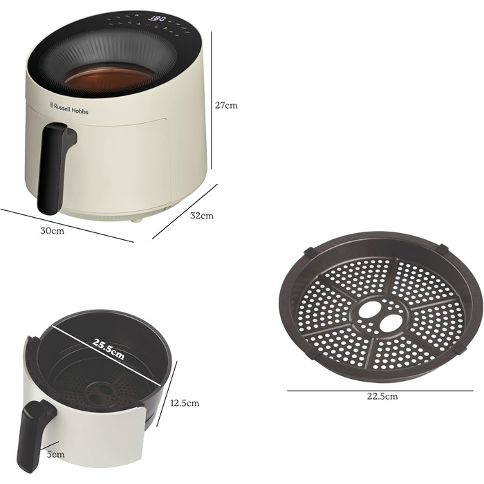 Аерофритюрниця Russell Hobbs SatisFry Panoramic 5 л, 10 програм, з оглядовим вікном, без олії, для фритюру, грилю, запікання та випікання, до 200°C, підходить для посудомийної машини, кремова, модель 27421-56