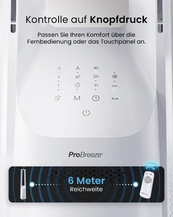 Вентилятор без лопатей Pro Breeze 101 см з LED дисплеєм, 6 швидкостей, 5 режимів, авто-коливання 60°, таймер 7 годин, управління через додаток та пульт, білий