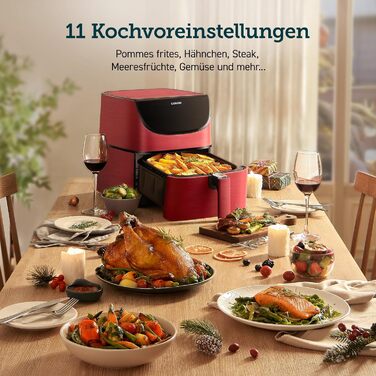 Аерофритюрниця COSORI 5,5 л XXL, червона, цифровий LED-екран, 11 програм, функції попереднього нагріву та підтримки тепла, Shake-режим, 100 рецептів німецькою, без олії, 1700 Вт, преміум якість