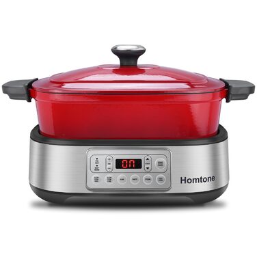 Мультиварка Homtone 6-в-1, 5.5L з керамічним покриттям, червона. Повільне приготування, смаження, варіння на пару