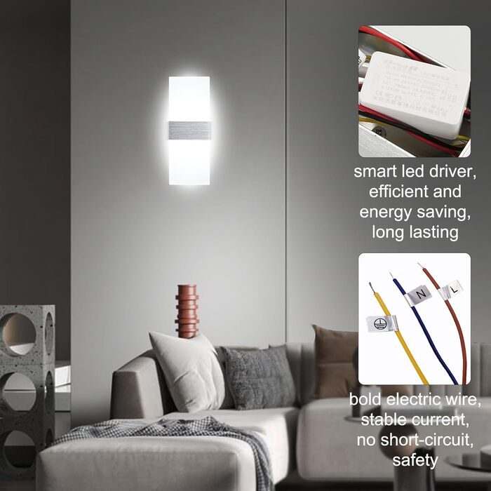 Lightsjoy LED настінний світильник 12W, сучасний, для внутрішнього освітлення, холодне біле світло, для спальні, коридору, вітальні, сходів