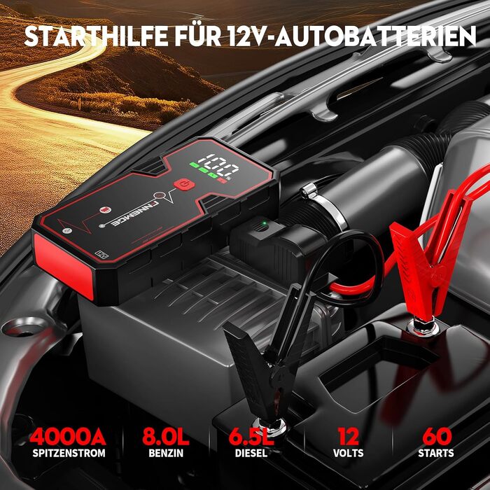 Бустер автозапуску FNNEMGE 9000A 26800mAh для бензинових та дизельних двигунів до 10.0L, пусковий пристрій Powerbank 12V з Quick Charge 3.0 та LED-ліхтарем