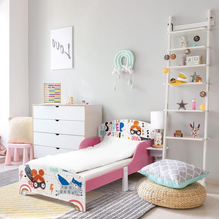 Дитяче ліжко Relaxdays 60x94x143 см, з бортиком і полицею, супергеройський дизайн, кольорове, з МДФ
