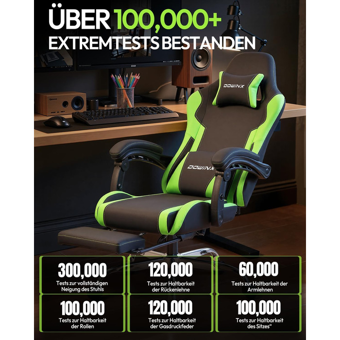 Ігрове крісло Dowinx Ergonomic Gaming Chair з підставкою для ніг, регульованими підлокітниками, навантаження до 150 кг, колір Зелений Pro