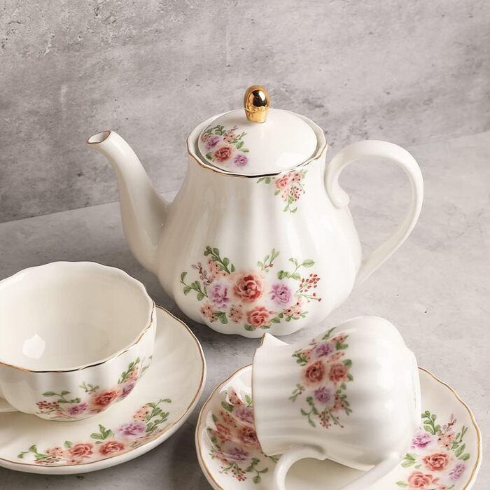 Чайний сервіс Sweejar Home Porzellan British Royal, 6 персон, з чайником, цукорницею, ложками та ситечком, для High Tea (FloralD)