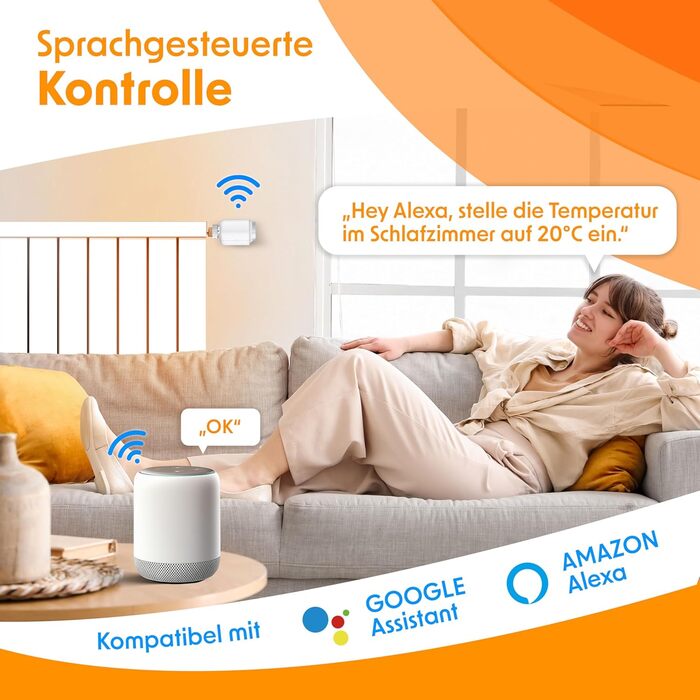 KESSER® WiFi термостат на радіатор опалення з керуванням через додаток Smart Home | Комплект з 6 вентилів, сумісний з Alexa та Google Assistant | Економія енергії та коштів (Білий)