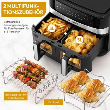 Аерофритюрниця LLIVEKIT з двома камерами 2x4,5л (10л), 8 програм, 4D конвекція, функція Sync-Finish, чорна