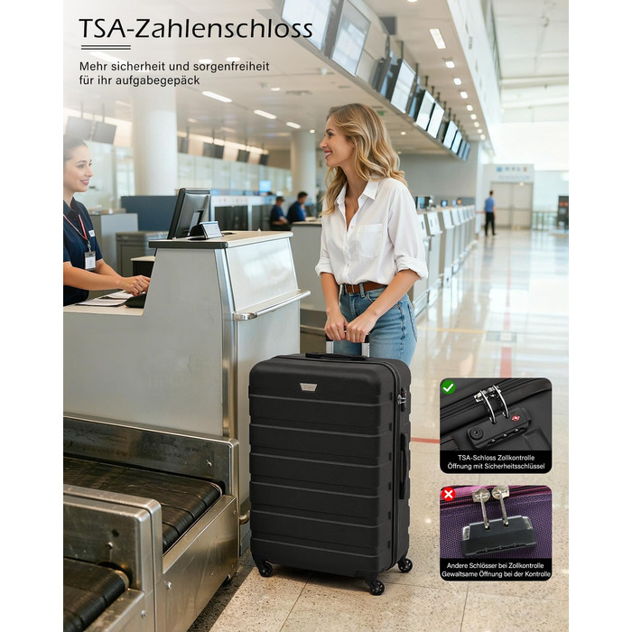 Набір валіз COOLIFE (2 шт.) PC+ABS, чорний – полікарбонат, міцні, колеса 360°, TSA-замок, розміри L + XL