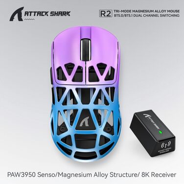 Ігрова миша Attack Shark R2 магнієва, сенсор PixArt PAW3950, бездротова 8K, 42000 DPI, ультралегка 48г, BT/2.4G/кабель, фіолетова