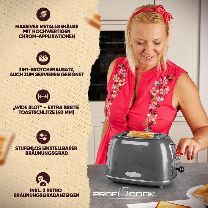 Тостер ProfiCook PC-TA 1193 на 2 тости, нержавіюча сталь, ретро дизайн, підставка для булочок, регульований ступінь підсмажування, антрацит