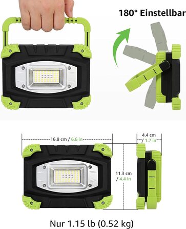 Lepro LED акумуляторний прожектор для кемпінгу, алюмінієвий, 20W, 2000 люмен, 5 режимів, павербанк 5200 мА·год, для роботи, надзвичайних ситуацій, кемпінгу