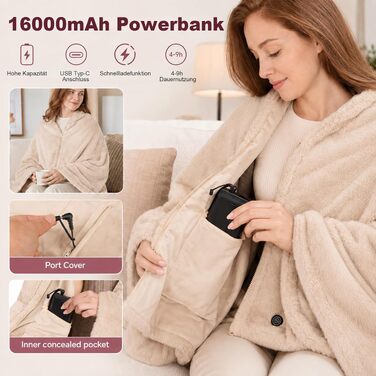 Акумуляторна електрогрілка-ковдра 160x90см з Power Bank 16000mAh, фланелева гріюча ковдра з 6 зонами обігріву та 3 рівнями температури, USB, Khaki
